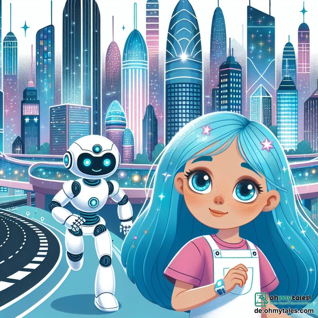 Une illustration destinée aux enfants représentant une jeune fille aux cheveux bleus vivant dans une ville futuriste pleine de technologie, accompagnée de son robot assistant, et explorant les rues scintillantes et les gratte-ciels de la magnifique ville de Lumina.