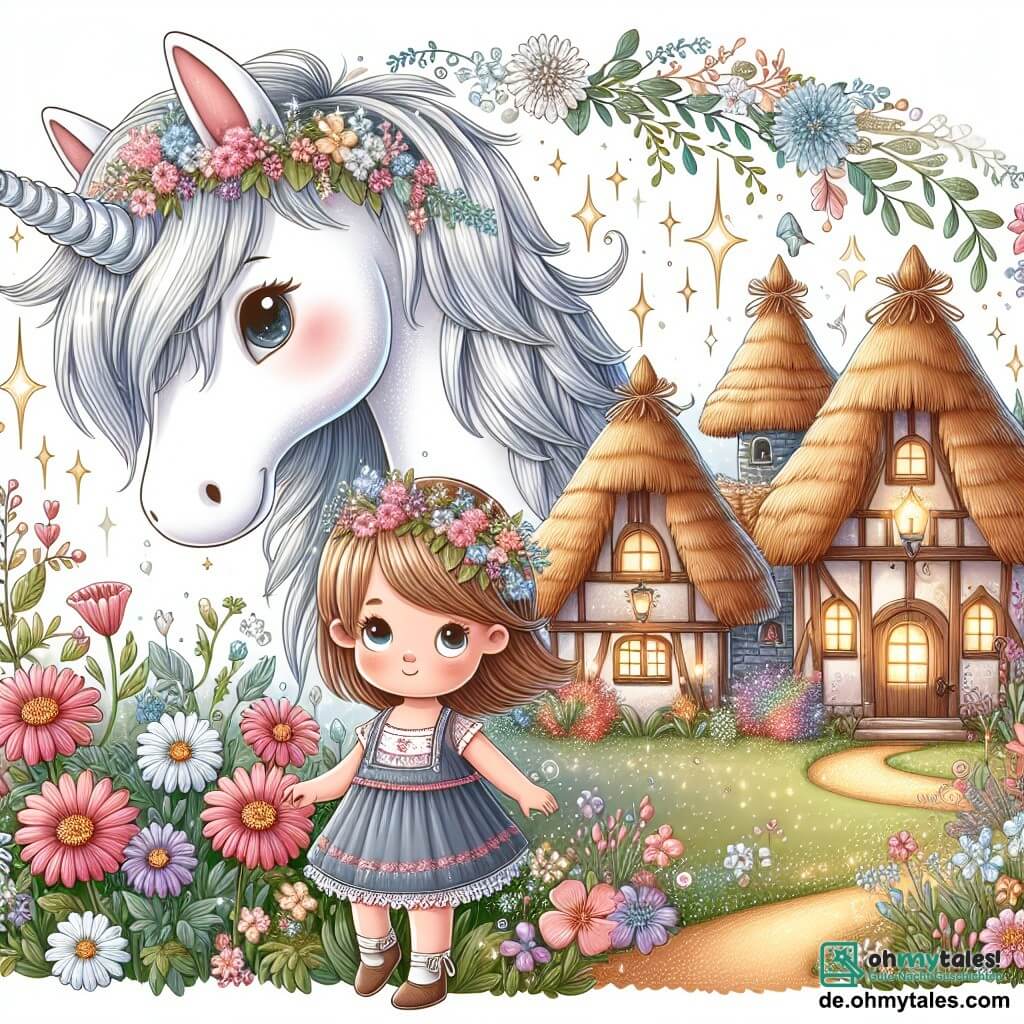 Une illustration destinée aux enfants représentant une magnifique licorne aux crins argentés, une petite fille curieuse, un village enchanté entouré de fleurs scintillantes et de maisons aux toits de chaume, où se déroulent des aventures féériques.