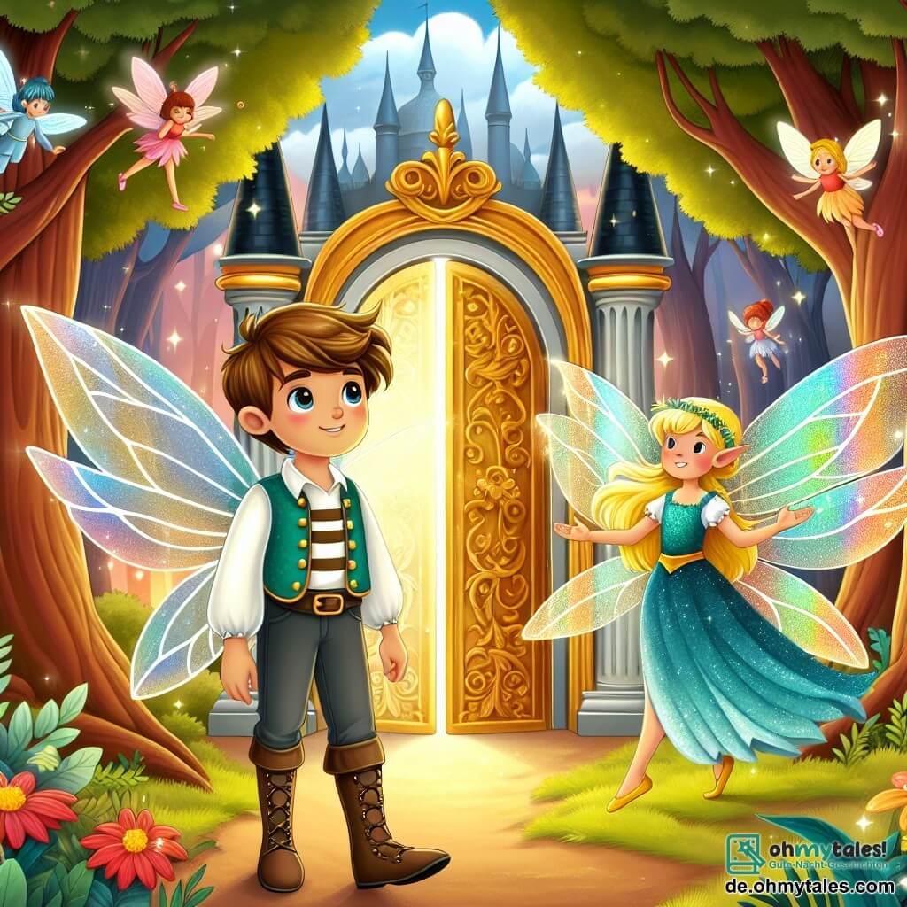 Une illustration destinée aux enfants représentant un jeune homme courageux se tenant devant une imposante porte en or, accompagné d'une charmante fée aux ailes scintillantes, dans un paysage magique rempli de grands arbres aux feuilles multicolores et de petites fées virevoltant dans les airs, évoquant ainsi un monde fantastique et mystérieux.