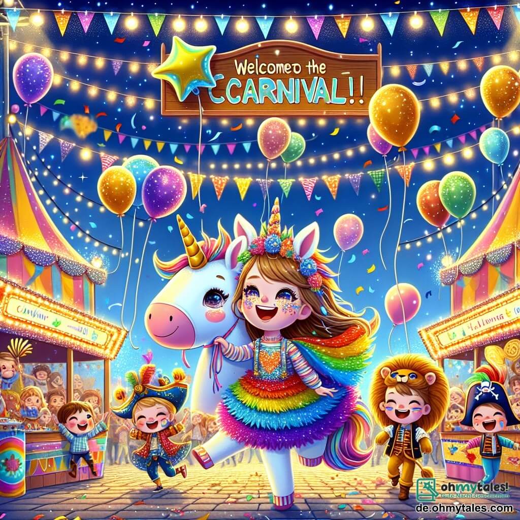 Eine Illustration zeigt ein farbenfrohes, blühendes Karnevalsfest mit Ständen, die mit funkelnden Girlanden und bunten Luftballons geschmückt sind. Im Mittelpunkt steht ein 11-jähriges Mädchen mit langen braunen Haaren und strahlenden Augen, das ein leuchtendes Einhornkostüm trägt, mit einem goldenen Horn und einem Regenbogenmantel. Sie lächelt fröhlich und hält einen großen Sternballon. Neben ihr stehen zwei Jungen von etwa 12 Jahren, einer als Löwe mit einer großen goldenen Mähne und der andere als Pirat mit einem Federhut, die Spaß daran haben, Konfetti in die Luft zu werfen. Die Szene ist erfüllt von Lachen und Musik, mit Kindern, die umherlaufen, bemalten Gesichtern und süßen Leckereien an jeder Ecke. Funkelnde Lichter erhellen den blauen Himmel und schaffen eine festliche, magische Atmosphäre, während ein großes Holzschild mit bunten Buchstaben "Willkommen zum Karneval!" anzeigt.