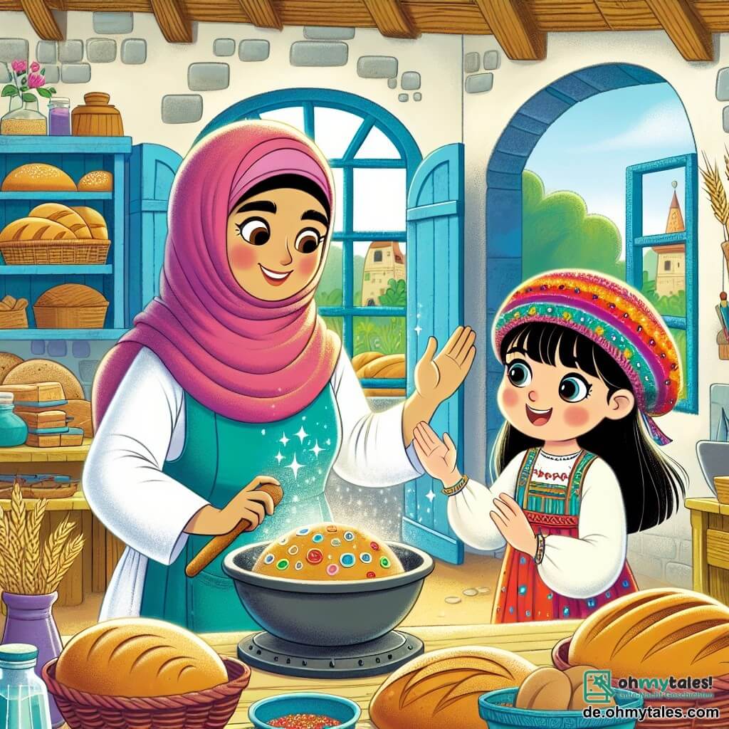 Une illustration destinée aux enfants représentant une jeune femme boulangère préparant du pain magique avec l'aide d'une fillette curieuse, dans une petite boulangerie colorée et chaleureuse située au cœur du village de Sonnenhausen.