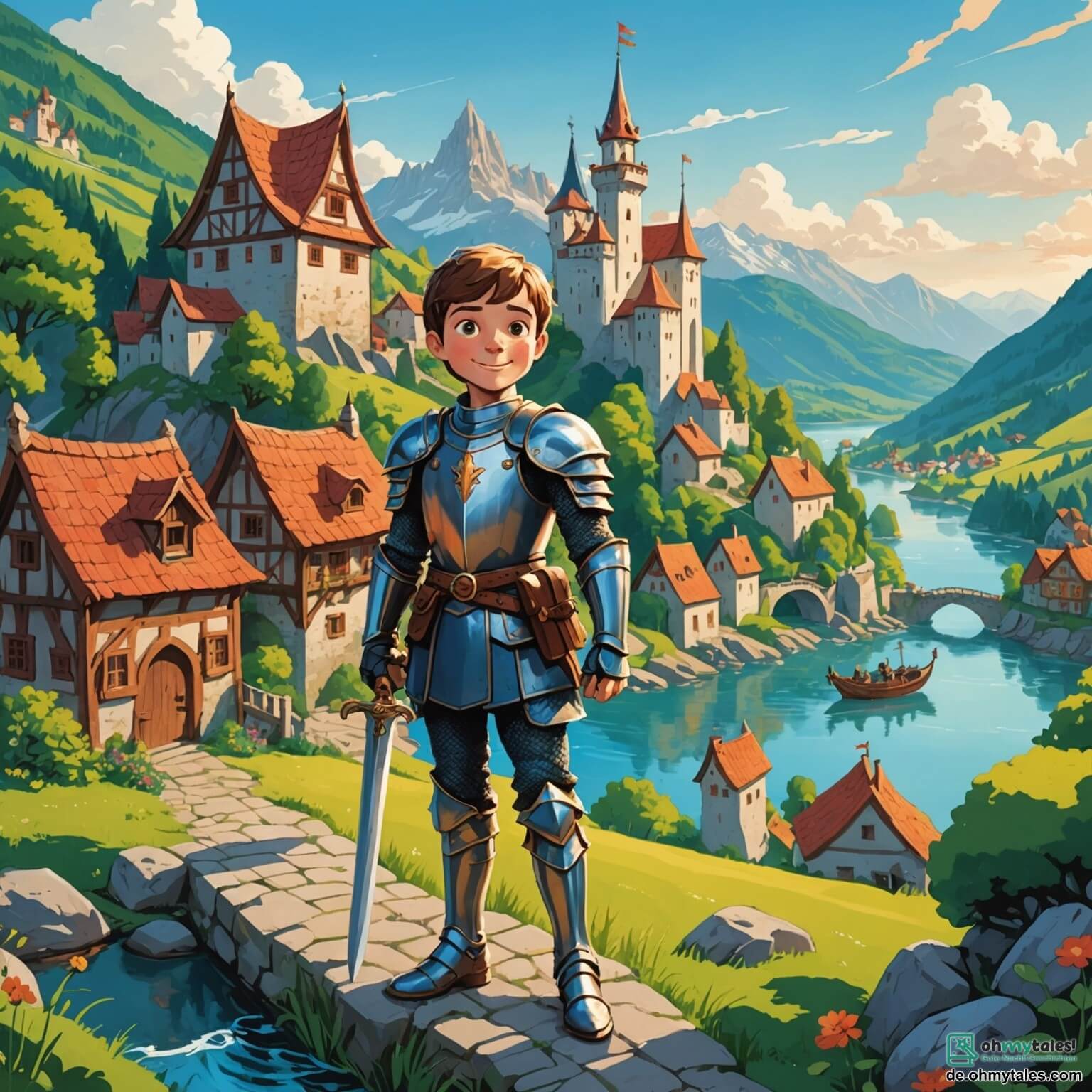 Une illustration destinée aux enfants représentant un chevalier courageux, un garçon au cœur vaillant et à l'armure étincelante, se tenant fermement devant un village pittoresque aux maisons en bois colorées, entouré de forêts verdoyantes et de montagnes majestueuses, prêt à affronter un dragon redoutable pour sauver son amie, une jeune fille au sourire lumineux, qui l'attend avec espoir au bord d'une rivière scintillante.