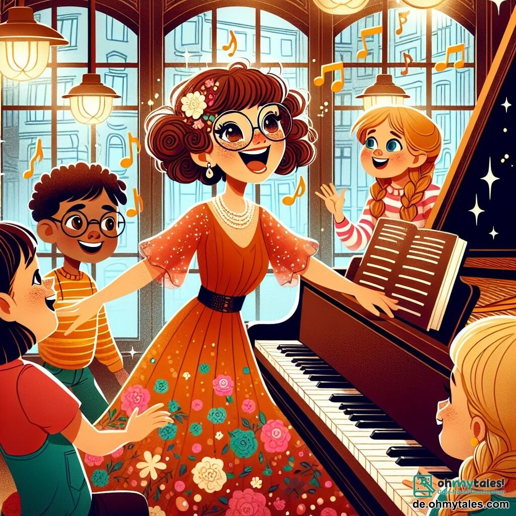 Une illustration sous forme de dessin destinée aux enfants représentant un café chaleureux et coloré à Berlin, avec une femme aux cheveux bruns ondulés, portant une robe vibrante, chantant joyeusement au piano, entourée de plusieurs enfants aux yeux pétillants, un garçon aux lunettes et une fille aux tresses, qui l'écoutent avec émerveillement et prennent des notes, tandis que des notes de musique flottent dans l'air, symbolisant la magie de la créativité et l'inspiration partagée.