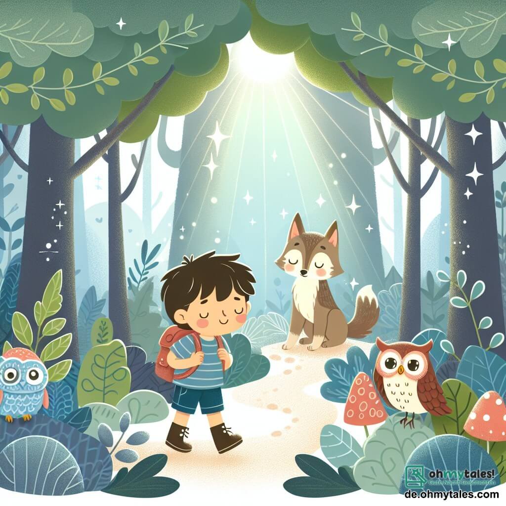 Une illustration destinée aux enfants représentant un chien garçon, parcourant un mystérieux bois avec une petite chouette fille en pleurs, sous le doux éclat des rayons du soleil à travers les feuilles chatoyantes de la forêt enchantée.