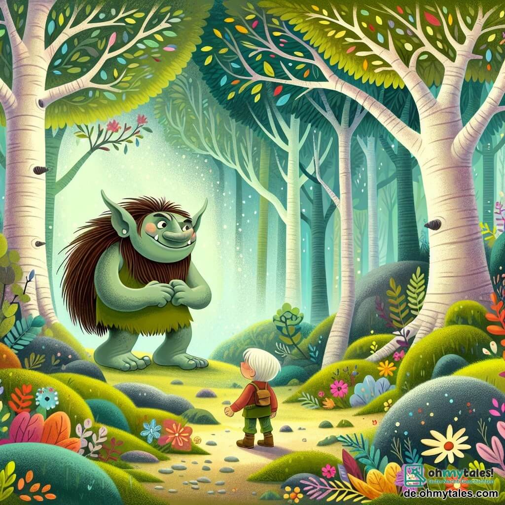 Une illustration destinée aux enfants représentant un jeune troll garçon, confronté à un troll méchant, accompagné d'une fillette curieuse, dans un magnifique et magique bois aux arbres géants aux feuilles multicolores, un sol recouvert de doux tapis de mousse et de fleurs éclatantes.