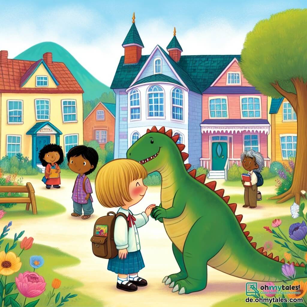 Une illustration destinée aux enfants représentant une fillette timide dans une nouvelle école, se liant d'amitié avec un garçon passionné de dinosaures, dans une petite ville aux maisons colorées et aux arbres en fleurs, où la tolérance et l'acceptation règnent en maîtres.