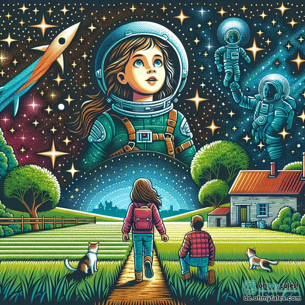 Une illustration destinée aux enfants représentant une jeune fille passionnée par les étoiles, embarquée dans une aventure spatiale épique avec ses parents, dans un village pittoresque entouré de champs verdoyants et sous un ciel étoilé scintillant.