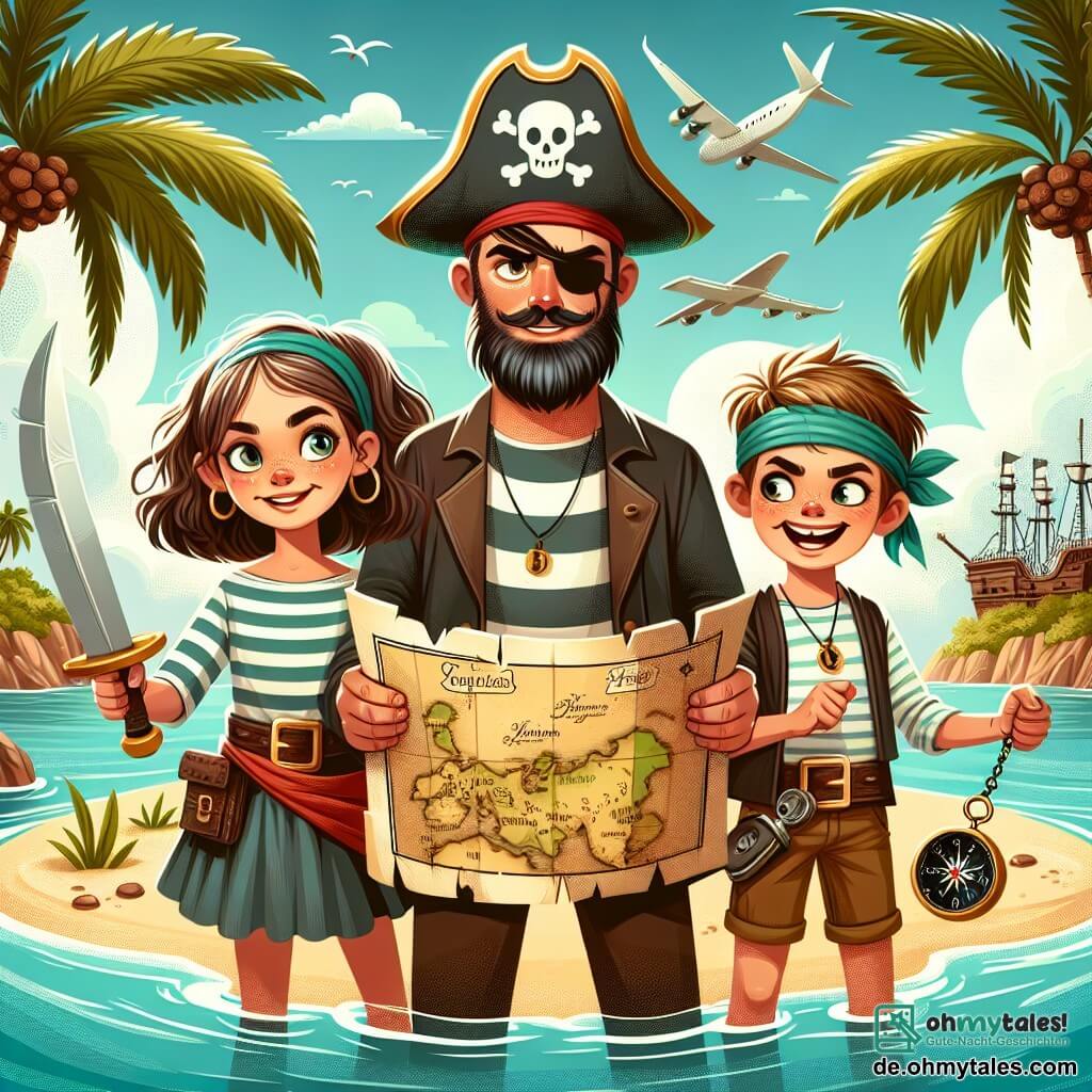 Une illustration sous forme de dessin destinée aux enfants représentant une île mystérieuse entourée de palmiers et d'un océan turquoise, avec un homme courageux portant un chapeau de capitaine, une chemise à rayures et un sourire déterminé, brandissant une carte au trésor, tandis qu'à ses côtés se tiennent une jeune fille forte aux cheveux bouclés, tenant un sabre, et un garçon espiègle avec un bandana, riant et tenant une boussole, tous trois prêts à affronter des pirates pour découvrir un trésor caché dans un ancien temple.