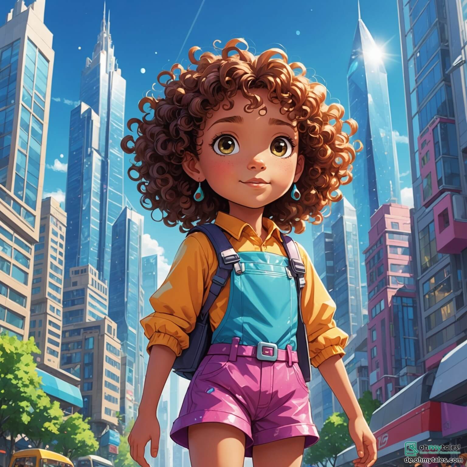 Une illustration destinée aux enfants représentant une petite fille aux cheveux bouclés et aux yeux pétillants, vêtue d'une combinaison colorée qui scintille sous les rayons du soleil, explorant avec émerveillement la ville futuriste de Glitzerburg, où des gratte-ciels en verre aux formes audacieuses s'élèvent vers le ciel comme des cristaux géants, tandis que des véhicules flottants glissent silencieusement au-dessus des rues pavées de lumière, entourée de robots amicaux, dont un petit ours en peluche robotisé qui danse joyeusement à ses côtés, et d'une nouvelle amie, une fille au teint particulier et à la tenue d'un autre monde, qui, ensemble, découvrent la magie de l'amitié et de la diversité dans ce lieu vibrant et enchanteur.