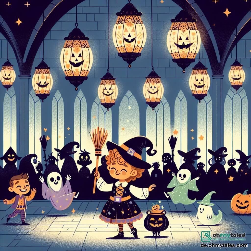 Une illustration sous forme de dessin destinée aux enfants représentant un grand hall du château des ombres, décoré de lanternes en forme de citrouilles illuminées, où une fille de 7 ans aux cheveux bouclés et vêtue d'un costume de sorcière, tenant un petit balai, danse joyeusement avec un petit esprit flou et souriant, tandis qu'un groupe de créatures amicales, comme un squelette dansant et une gentille sorcière, les entourent, créant une atmosphère festive et magique d'Halloween.