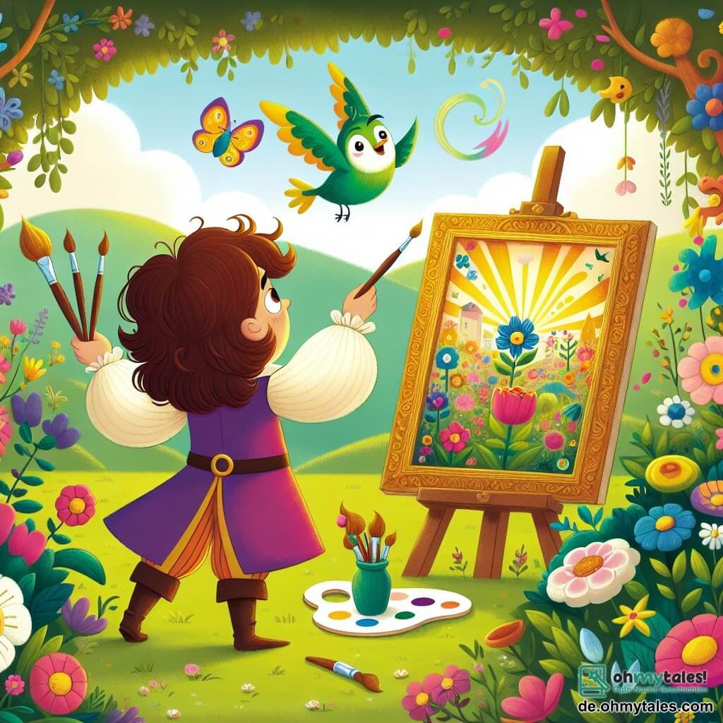 Une illustration sous forme de dessin destinée aux enfants représentant un jardin enchanteur de la Renaissance, rempli de fleurs colorées et d'animaux fantastiques, où un jeune homme aux cheveux bruns et bouclés, vêtu d'une tunique colorée et tenant des pinceaux, observe avec émerveillement une grande toile lumineuse, tandis qu'un petit oiseau vert aux plumes éclatantes, avec un grand bec, vole autour de lui en chantant joyeusement, symbolisant l'aventure magique et la découverte des secrets de la créativité.