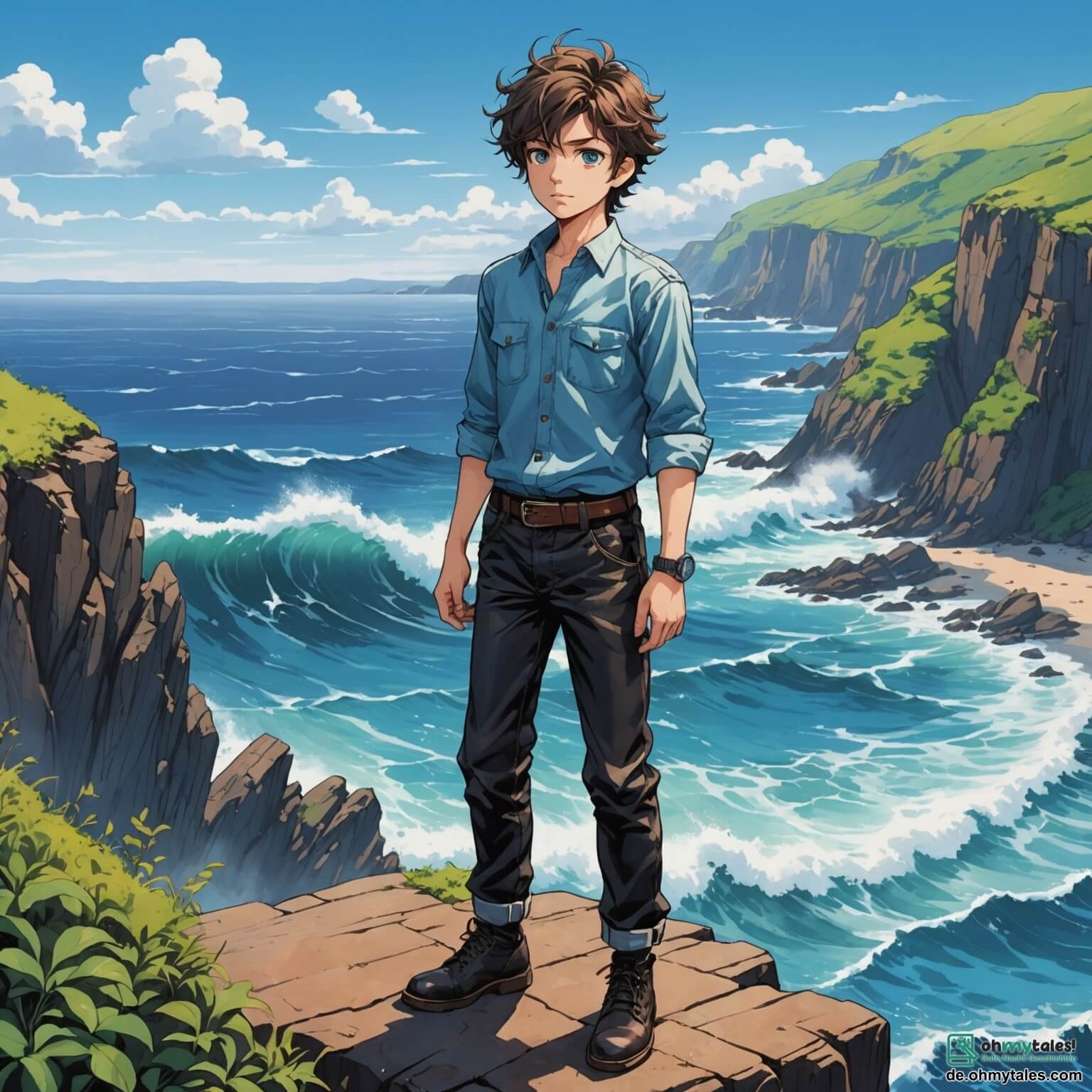 Une illustration destinée aux enfants représentant un homme intrépide aux cheveux ébouriffés et aux yeux pétillants de curiosité, vêtu d'une chemise en toile et d'un pantalon en cuir usé, se tenant sur le bord d'une falaise escarpée surplombant une mer d'un bleu éclatant, où des vagues écumantes se brisent contre des rochers noirs, tandis qu'il scrute l'horizon à la recherche d'une île mystérieuse, accompagné de son fidèle compagnon, un petit perroquet aux plumes éclatantes de couleurs vives, qui virevolte autour de lui, et se remémorant les récits d'une courageuse exploratrice, une femme au cœur vaillant, qui a bravé des jungles denses et des tempêtes furieuses pour découvrir des trésors cachés et des secrets oubliés, dans un monde où la nature sauvage et luxuriante s'étend à perte de vue, parsemée de palmiers majestueux, de fleurs exotiques et de cris d'animaux sauvages, créant une toile de fond vibrante pour leurs aventures palpitantes.