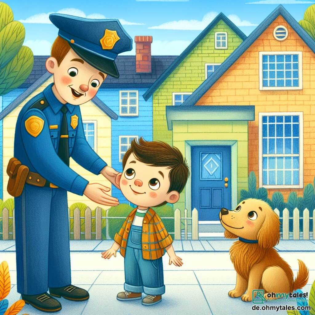 Une illustration sous forme de dessin destinée aux enfants représentant une rue ensoleillée avec des maisons colorées et des arbres verts, où un policier souriant, un homme en uniforme bleu avec un grand chapeau, aide un jeune garçon aux cheveux bruns et aux yeux pétillants, qui semble curieux et enthousiaste, tandis qu'un petit chien aux poils dorés les regarde avec des yeux pleins d'espoir, capturant un moment joyeux où le policier explique son travail de manière amicale et engageante.