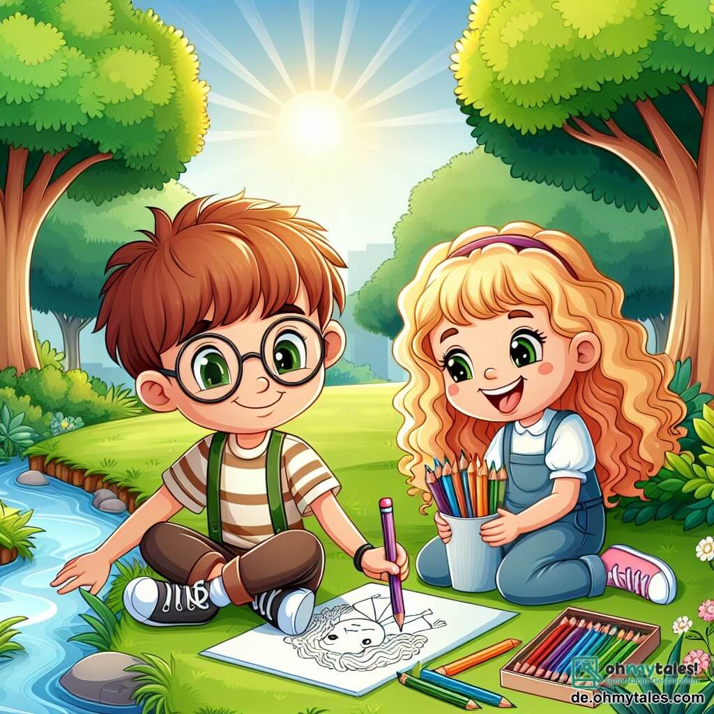 Une illustration sous forme de dessin destinée aux enfants représentant un parc ensoleillé avec des arbres verdoyants et un petit ruisseau, où un garçon de 11 ans aux cheveux bruns et aux lunettes, assis sur l'herbe, dessine avec des crayons de couleur, tandis qu'à côté de lui, une fille aux cheveux blonds et bouclés, souriante, admire ses dessins, et ensemble, ils découvrent la beauté de la nature, loin des écrans, créant un moment de complicité et de créativité.