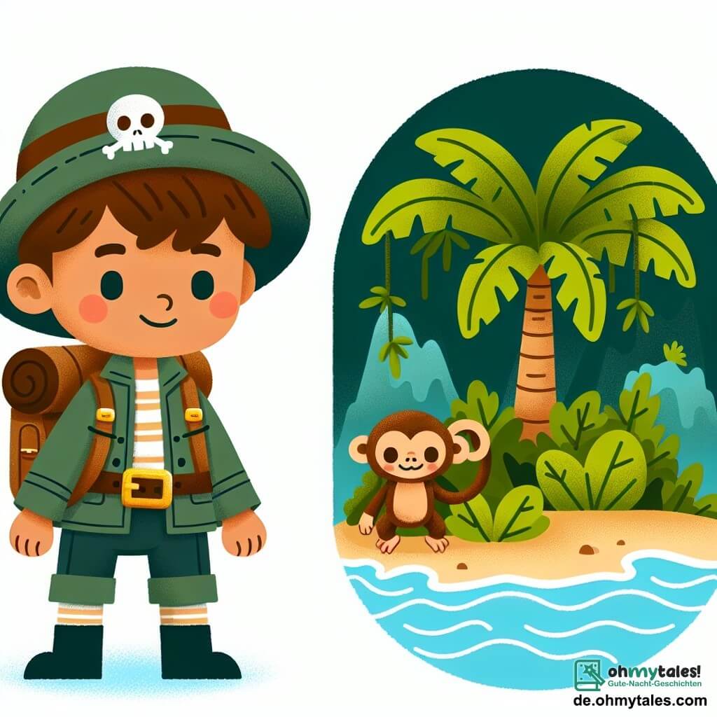 Une illustration destinée aux enfants représentant un courageux explorateur, un petit singe malicieux, et une mystérieuse île luxuriante cachée au milieu de l'océan.