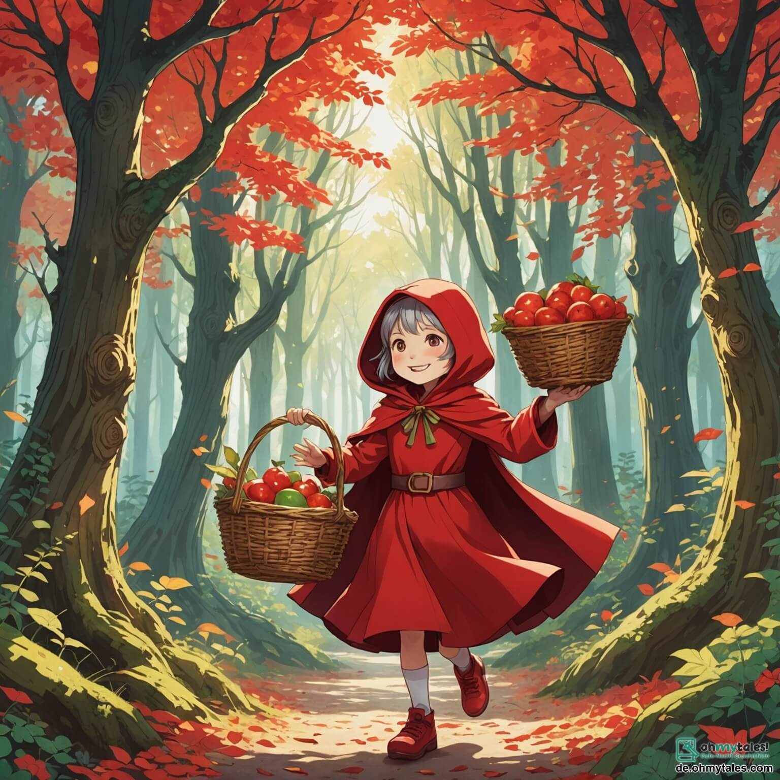 Une illustration destinée aux enfants représentant une petite fille joyeuse, vêtue d'un éclatant chaperon rouge qui scintille comme une rubis sous le doux soleil, se dirigeant avec détermination à travers une forêt enchantée où les arbres majestueux, aux troncs noueux et aux feuilles chatoyantes, dansent au rythme du vent, tandis qu'elle porte un panier rempli de délicieuses friandises pour sa grand-mère, une dame âgée au sourire chaleureux et aux cheveux argentés, qui vit dans une charmante maisonnette en bois ornée de fleurs colorées, tout en croisant le chemin d'un loup rusé, à la fourrure grise et aux yeux malicieux, qui attend dans l'ombre des buissons, prêt à semer le trouble dans cette aventure féerique.