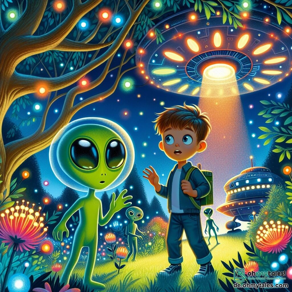 Une illustration destinée aux enfants représentant un garçon curieux découvrant un vaisseau spatial avec des extraterrestres colorés, accompagné d'un petit alien aux grands yeux, dans un jardin luxuriant parsemé de fleurs phosphorescentes et d'arbres aux branches scintillantes.