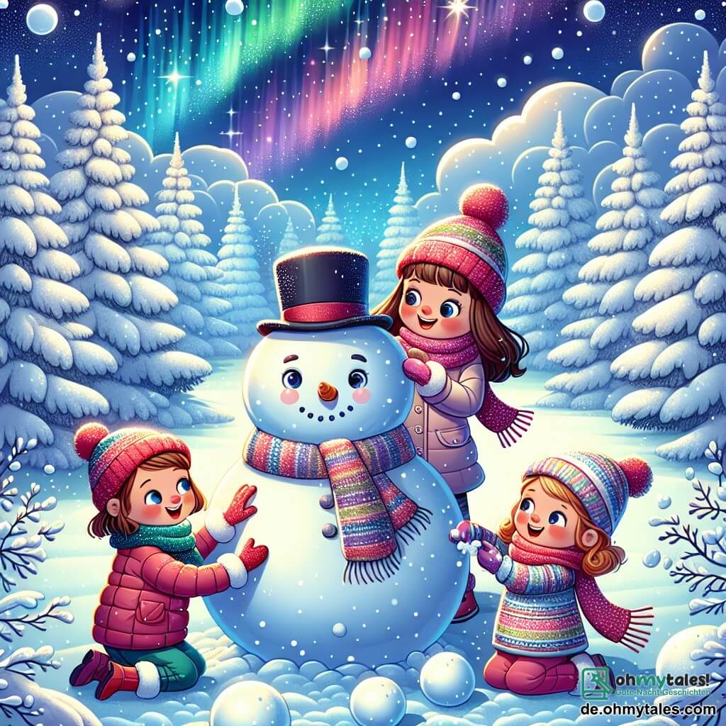 Eine Illustration zeigt einen magischen Winterpark, bedeckt mit einer dicken Schicht glitzernden Schnees unter einem hellblauen Himmel. Schnee beladene Bäume umgeben die Szene und schaffen eine märchenhafte Atmosphäre. In der Mitte bauen drei fröhliche, lächelnde Mädchen von etwa 8 Jahren einen großen Schneemann. Eines der Mädchen mit braunen Haaren und rotem Mütze rollt einen großen Schneeball. Das zweite Mädchen mit blonden Haaren und einem rosa Mantel fügt einen kleinen Ball für den Kopf hinzu. Das dritte Mädchen mit kastanienbraunen Haaren und einem bunten Schal hält eine Karotte für die Nase des Schneemanns. Der bereits gut geformte Schneemann trägt einen schwarzen Hut und hat ein freundliches Lächeln. Im Hintergrund fallen sanft Schneeflocken, und bunte Nordlichter tanzen am Himmel, was der winterlichen Szene einen Hauch von Magie verleiht.
