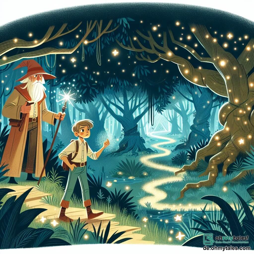 Une illustration destinée aux enfants représentant un jeune homme courageux explorant un mystérieux royaume enchanté en compagnie d'un sage magicien, au cœur d'une forêt dense et magique aux arbres géants et aux chemins sinueux illuminés par des lucioles scintillantes.