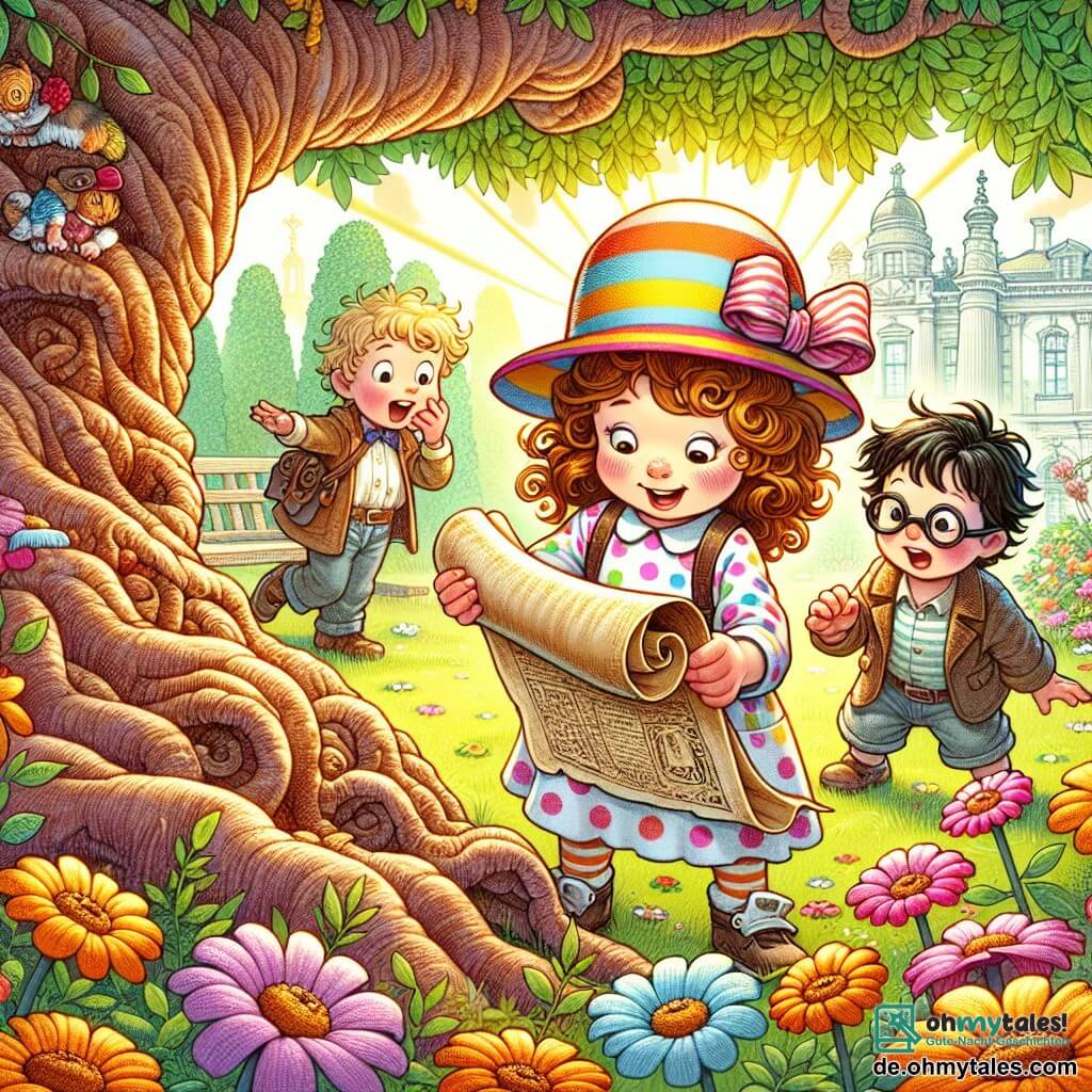 Une illustration sous forme de dessin destinée aux enfants représentant un parc ensoleillé avec des fleurs colorées et un grand arbre noueux au centre, où une fille de 8 ans aux cheveux bruns et bouclés, portant un chapeau à bande multicolore et une robe à pois, se penche avec curiosité pour examiner un vieux zettel trouvé au pied de l'arbre, tandis qu'à ses côtés, deux garçons, l'un avec des lunettes et des cheveux blonds, et l'autre avec des cheveux noirs en bataille, regardent avec fascination, tous trois prêts à résoudre le mystère d'un trésor caché.
