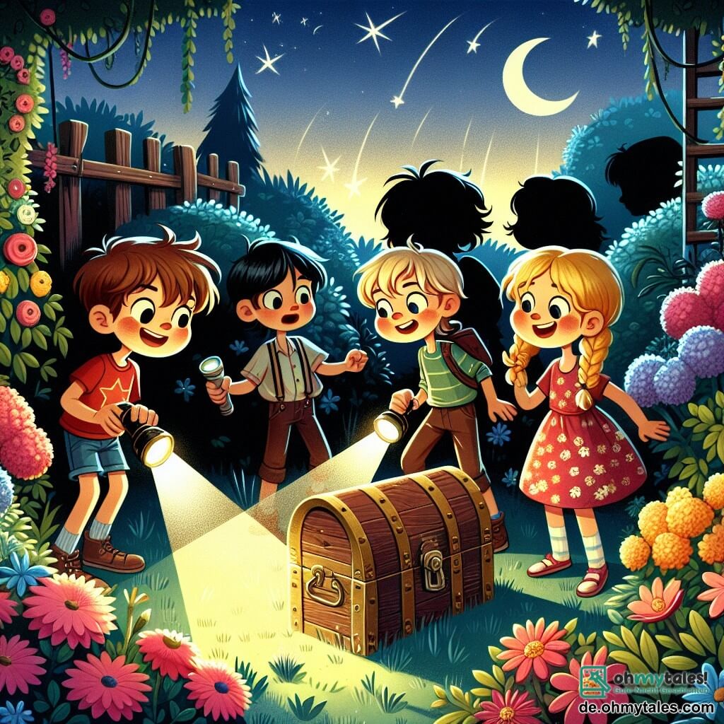 Illustration eines geheimen Gartens in der Dämmerung, gefüllt mit bunten Blumen und dichten Sträuchern. In der Mitte ein alter Garten mit einer großen Holzleiter und tanzenden Schatten, die vom Mondlicht erzeugt werden. Vier Kinder, zwei Jungen und zwei Mädchen, sind versammelt. Der erste Junge, sieben Jahre alt, hat unordentliche braune Haare und trägt ein rotes T-Shirt mit blauen Shorts. Er hält eine Taschenlampe, die den Boden mit einem Lichtstrahl beleuchtet. Das zweite Mädchen, ebenfalls sieben Jahre alt, hat lange geflochtene blonde Haare und trägt ein blumiges Kleid. Neugierig schaut sie auf eine alte Holzkiste. Der dritte Junge, mit schwarzen Haaren und Brille, durchsucht einen Strauch, während das vierte Mädchen mit braunen Haaren lächelt und ein altes Spielzeug hält, das sie im Garten gefunden hat. Die Szene fängt die Aufregung und Vorfreude der Kinder ein, während sie nach einem versteckten Schatz suchen, mit überraschten und freudigen Ausdrücken auf ihren Gesichtern. Funkelnde Sterne am Nachthimmel verleihen der Abenteueratmosphäre einen magischen Touch.