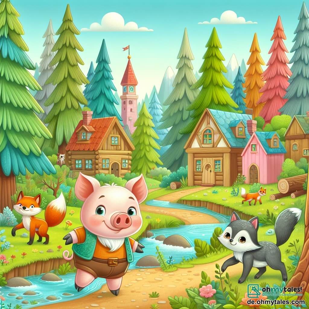 Une illustration destinée aux enfants représentant un petit cochon curieux et aventurier, accompagné d'un sage renard, explorant un magnifique village de la forêt avec des maisons en bois colorées, des arbres majestueux et un ruisseau scintillant.