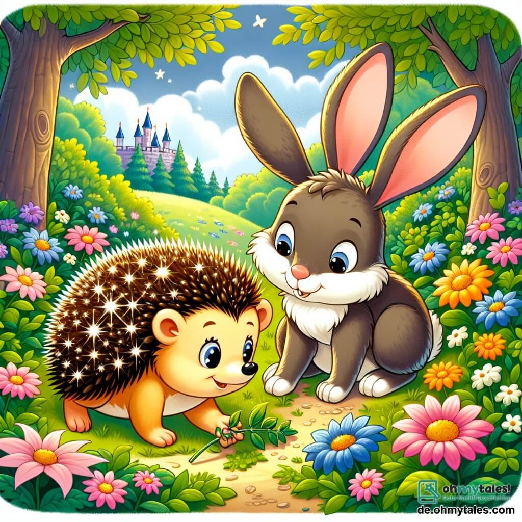 Une illustration sous forme de dessin destinée aux enfants représentant une clairière enchantée dans un forêt verdoyante, où un petit hérisson aux yeux pétillants et aux piquants scintillants explore avec curiosité un chemin de fleurs colorées, tandis qu'à ses côtés, un joyeux lapin aux grandes oreilles et à la fourrure douce l'aide à défaire une branche épineuse, symbolisant leur amitié et leur quête pour découvrir un mystérieux château caché au bout du chemin.