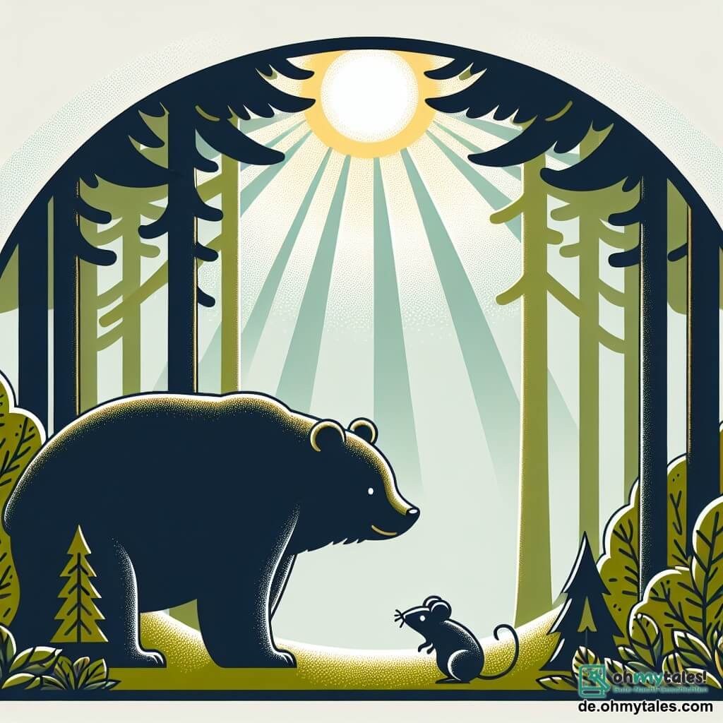 Une illustration destinée aux enfants représentant un grand ours solitaire, une situation d'einsamkeit, une petite souris courageuse, dans une clairière ensoleillée entourée de grands arbres majestueux où les rayons du soleil filtrent à travers les feuilles.