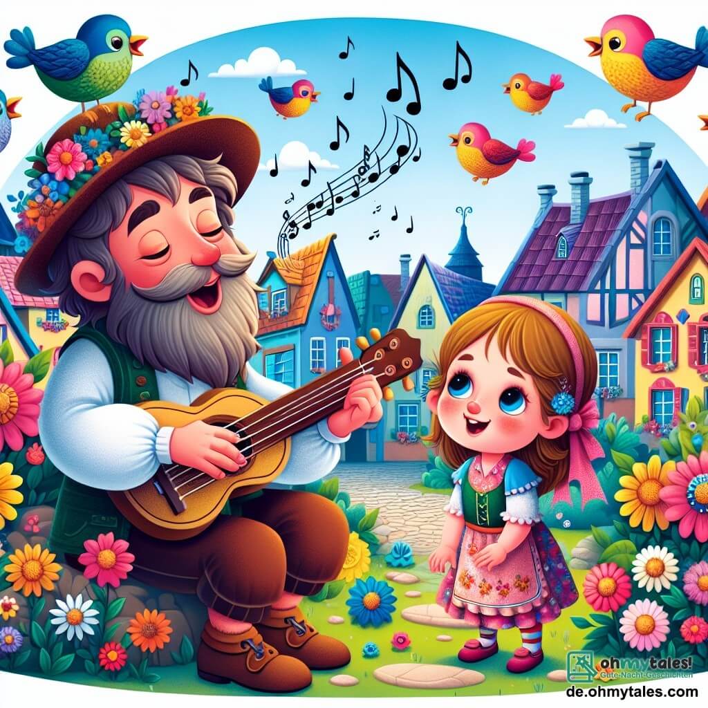 Une illustration destinée aux enfants représentant un musicien joyeux composant une mélodie magique dans son jardin, accompagné d'une petite fille curieuse aux grands yeux brillants, entourés de fleurs multicolores et d'oiseaux chantants, dans un village pittoresque aux maisons colorées et aux rues pavées.