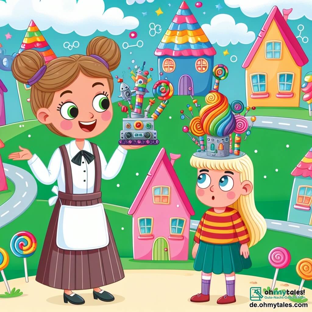 Une illustration destinée aux enfants représentant une jeune femme inventrice excentrique présentant sa dernière création loufoque à sa meilleure amie sceptique, dans un charmant village coloré aux maisons en forme de bonbons et aux arbres en forme de sucettes.