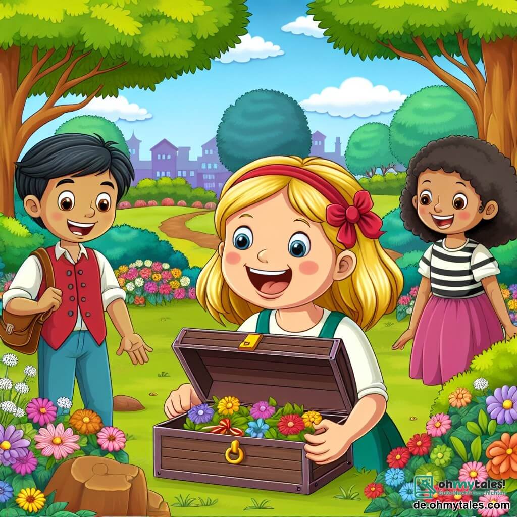 Une illustration destinée aux enfants représentant une fillette pleine d'enthousiasme préparant une chasse au trésor pour son papa, avec ses amis, un garçon et une fille, dans un jardin rempli de fleurs colorées et d'arbres majestueux pour célébrer la fête des pères.