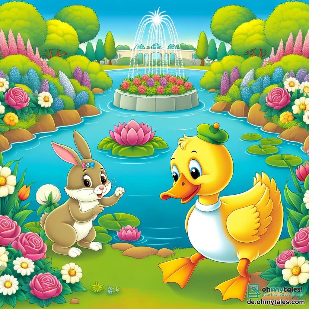 Une illustration destinée aux enfants représentant une canard mâle en train de jouer à cache-cache avec un lapin femelle dans un magnifique jardin fleuri au bord d'un étang scintillant.