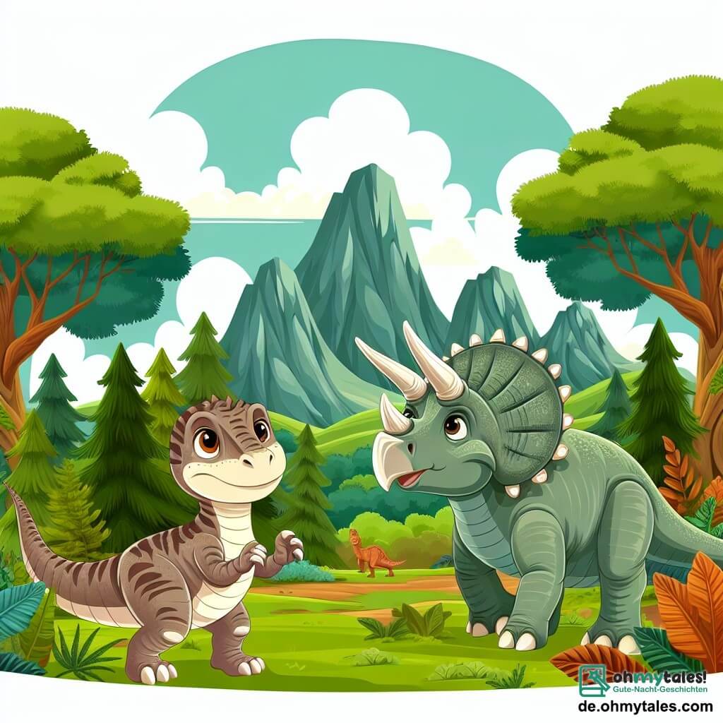 Une illustration destinée aux enfants représentant un jeune vélociraptor garçon, curieux et rêveur, explorant un mystérieux bois aux arbres géants, accompagné d'une majestueuse tricératops femelle, bienveillante et sage, dans un vallon verdoyant aux montagnes escarpées en arrière-plan, à l'époque des dinosaures.