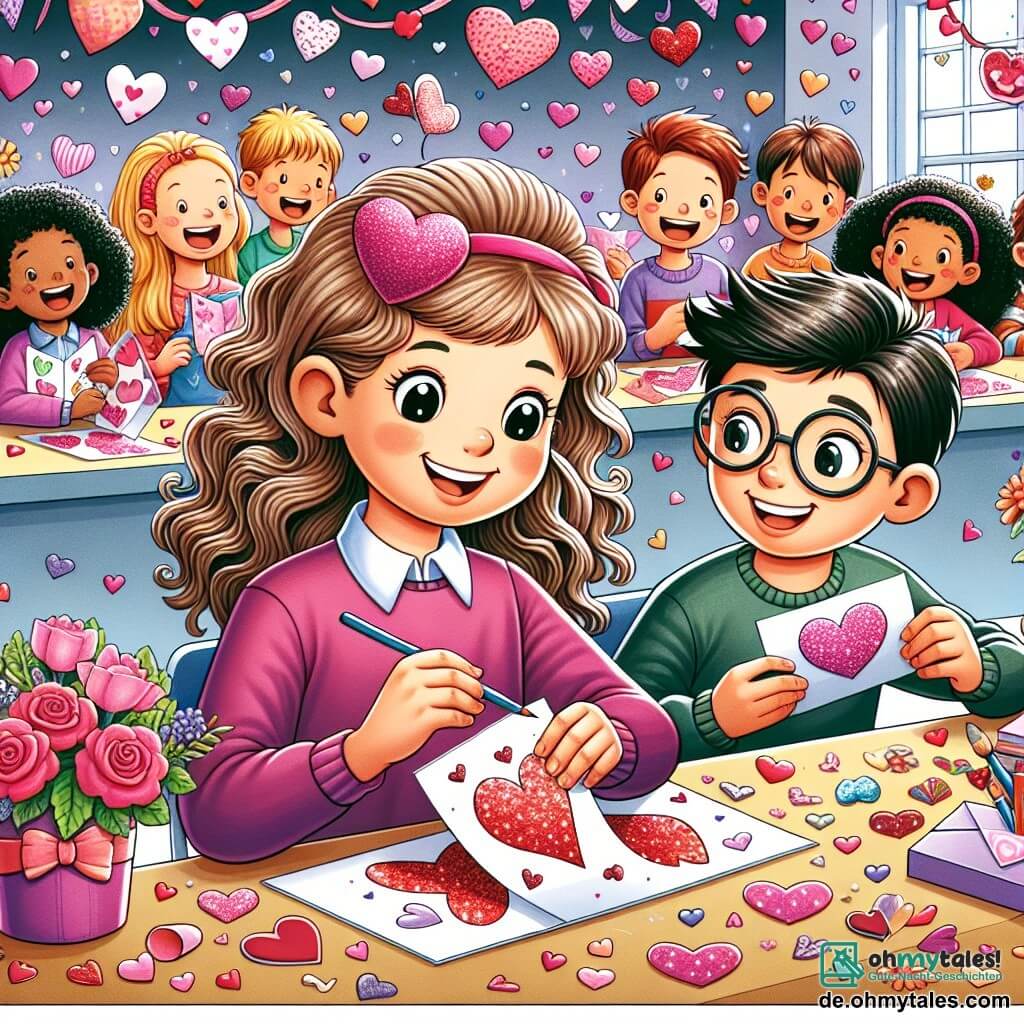 Une illustration sous forme de dessin destinée aux enfants représentant une salle de classe colorée décorée pour la Saint-Valentin, avec une fille de 11 ans aux cheveux longs et bouclés, souriante, en train de créer une carte en papier avec des cœurs et des paillettes, tandis qu'un garçon aux cheveux courts et à lunettes, assis à côté d'elle, regarde avec admiration ses dessins, alors qu'autour d'eux, d'autres enfants rient et échangent des cartes et des fleurs, créant une atmosphère joyeuse et amicale.