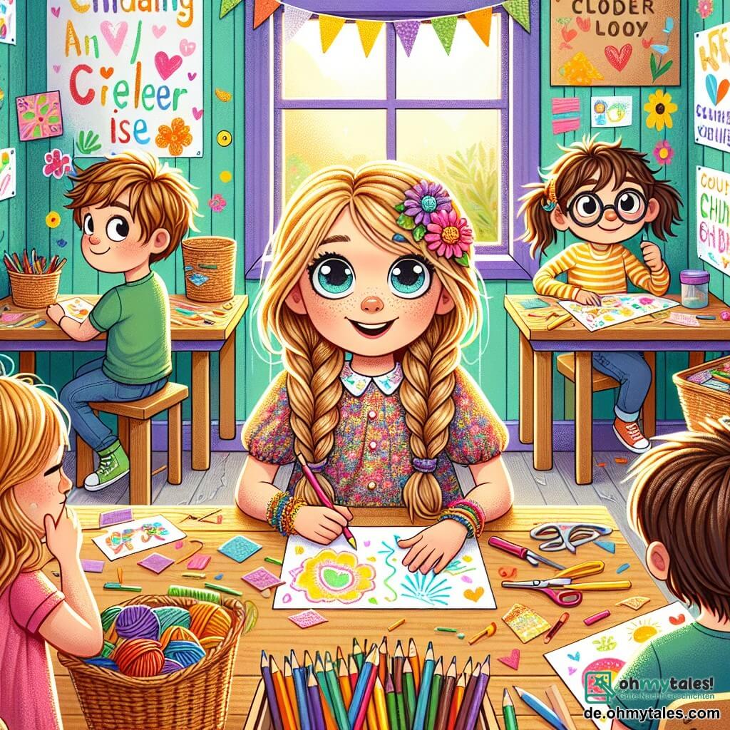 Illustration eines warmen und bunten Gemeinschaftsraums mit Wänden, die mit Kinderzeichnungen geschmückt sind, und Holztischen, die mit Bastelmaterialien bedeckt sind. In der Mitte sitzt ein 7-jähriges Mädchen mit langen, geflochtenen blonden Haaren und neugierigen Augen an einem Tisch und konzentriert sich darauf, eine Karte zu gestalten. Sie trägt ein hübsches Blumenkleid und strahlt ein strahlendes Lächeln aus. Neben ihr beobachtet ein 8-jähriger Junge mit zerzausten braunen Haaren und runden Brillen aufmerksam, während er einen Stift in der Hand hält. Ein weiteres Kind, ein 6-jähriges Mädchen mit Zöpfen und einem bunten T-Shirt, schneidet Papierformen aus. Die Szene strahlt eine Atmosphäre von Kameradschaft und Kreativität aus, mit Lachen und Farben überall. An den Wänden hängen Plakate zur Sammlung von Kleidung und Lebensmitteln, die den Geist von Solidarität und gegenseitiger Hilfe in dem Raum veranschaulichen.