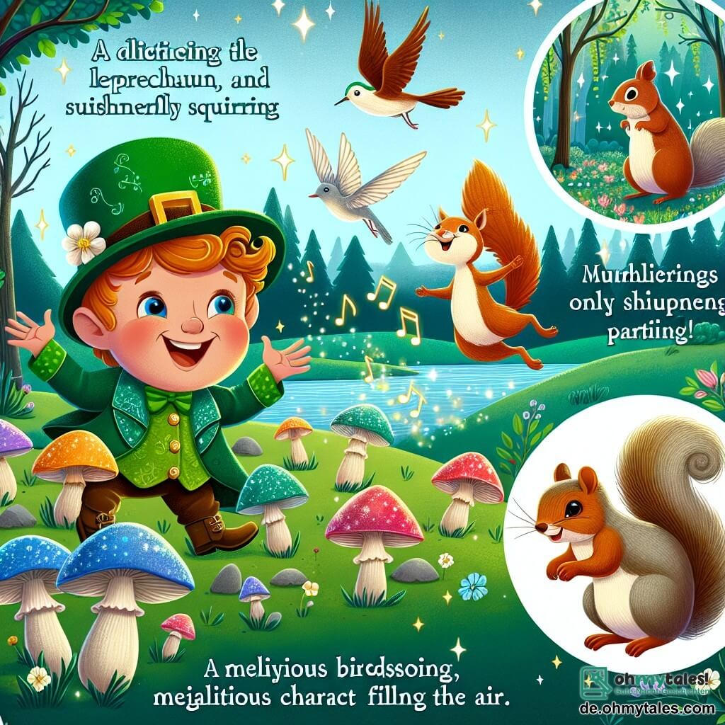 Une illustration destinée aux enfants représentant un lutin malicieux, une joyeuse fête en plein air, un écureuil espiègle, une clairière enchantée bordée de champignons scintillants, et des chants d'oiseaux mélodieux.