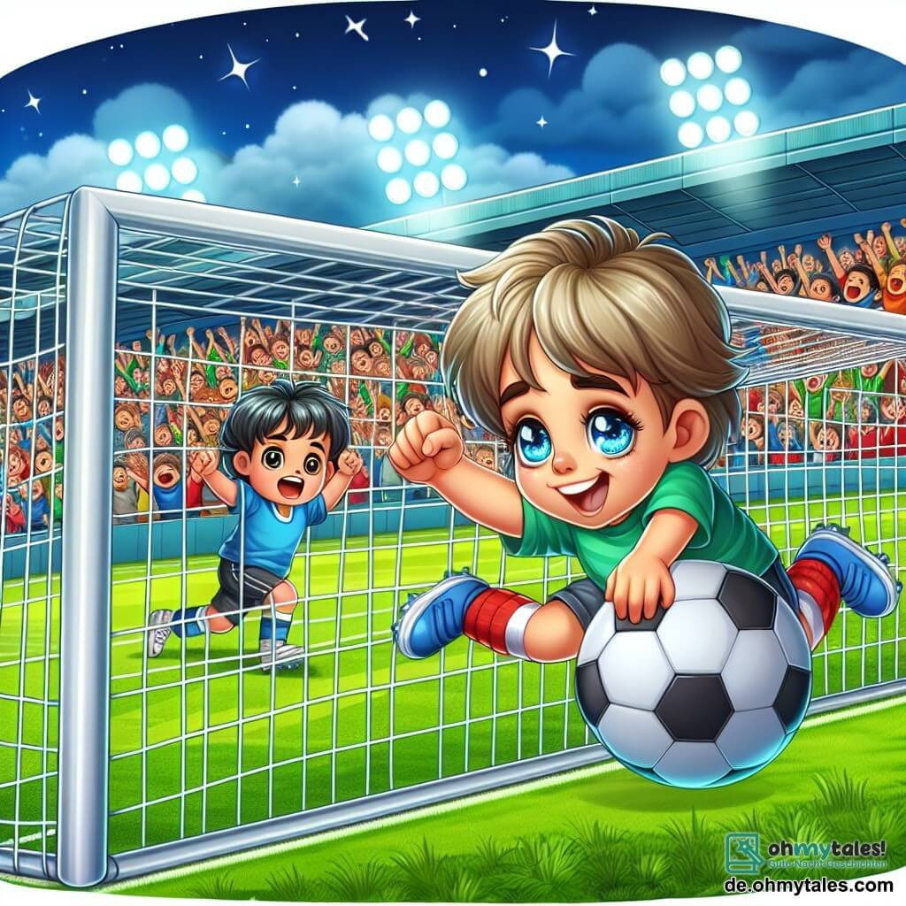 Une illustration destinée aux enfants représentant un jeune garçon passionné de football, faisant un but décisif lors d'un match important, sous les yeux émerveillés de son ami d'enfance, un garçon aux cheveux ébouriffés et aux yeux pétillants, sur un terrain de football verdoyant entouré de tribunes colorées remplies de supporters en liesse.