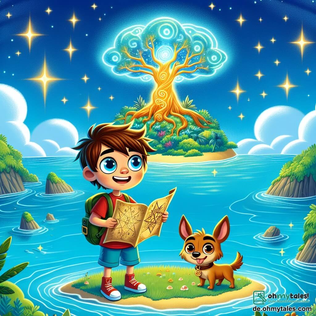 Une illustration sous forme de dessin destinée aux enfants représentant une île magique entourée d'eaux turquoise scintillantes, avec un jeune garçon aux cheveux bruns et aux yeux pétillants, portant un t-shirt rouge et un short bleu, qui tient une carte ancienne dans ses mains, tandis qu'à ses pieds, un petit chien au pelage brun et aux grandes oreilles, aux yeux curieux, regarde avec excitation, alors qu'ils se tiennent devant un magnifique arbre lumineux au cœur de l'île, symbole de leur quête pour découvrir les secrets de l'« Île des Rêves ».