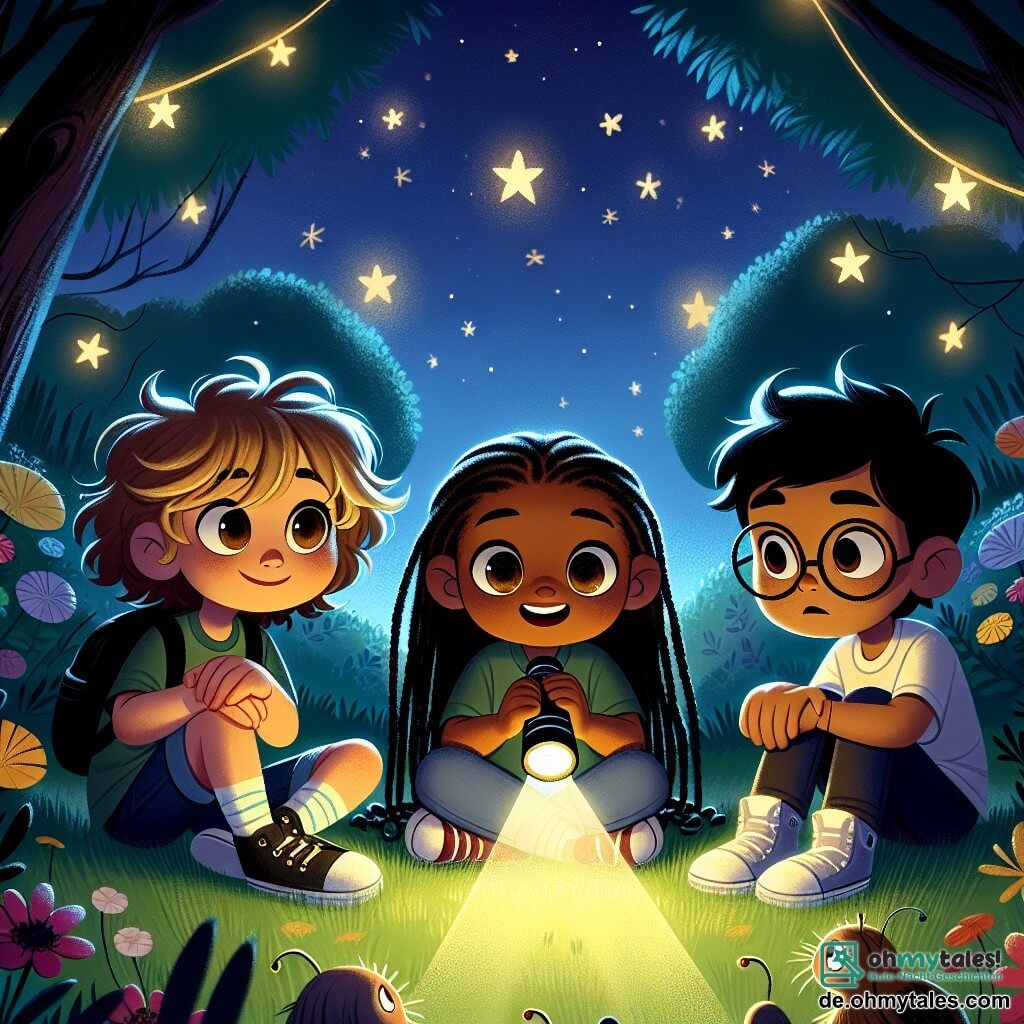 Eine Illustration zeigt eine sternenklare Nacht in einem Garten voller bunter Blumen. In der Mitte sitzt ein 11-jähriger Junge mit zerzausten braunen Haaren und funkelnden Augen, der eine Taschenlampe hält, die sein neugieriges Gesicht beleuchtet. Neben ihm schaut ein 10-jähriges Mädchen mit langen geflochtenen blonden Haaren und einem ermutigenden Lächeln begeistert umher. Ein weiterer 11-jähriger Junge mit schwarzen Haaren und runden Brillen steht etwas im Hintergrund, besorgt und entschlossen zugleich. Sie sitzen auf dem grünen Gras, umgeben von den Schatten der Bäume, die im Mondlicht tanzen. Die Szene strahlt eine Atmosphäre von Geheimnis und Abenteuer aus, mit funkelnden Sternen am dunklen Himmel. Die Figuren teilen Geschichten, ihre Gesichter erleuchtet vom Licht der Taschenlampe, während sanfte Schatten um sie herum entstehen, die die Angst vor der Dunkelheit symbolisieren, die langsam verblasst. Glühwürmchen fliegen umher und verleihen der gesamten Szene einen magischen Touch.