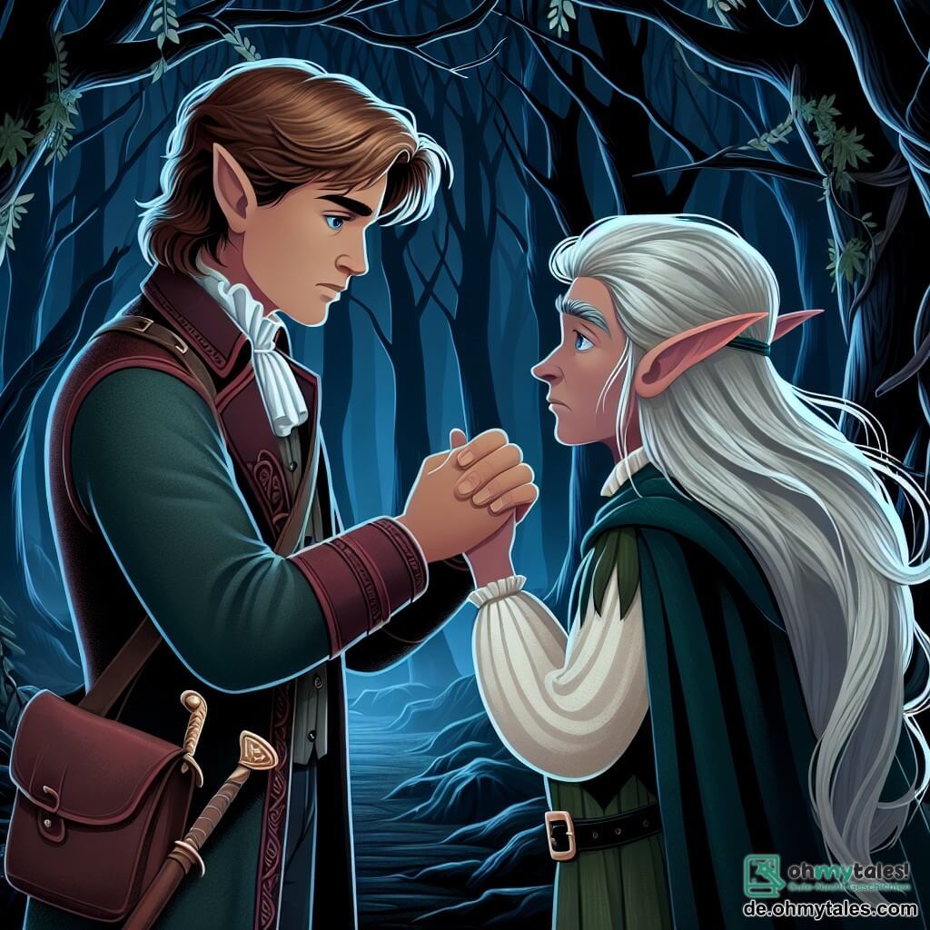 Une illustration destinée aux enfants représentant un jeune homme courageux rencontrant une Elfe triste dans un sombre et mystérieux bois enchanté.