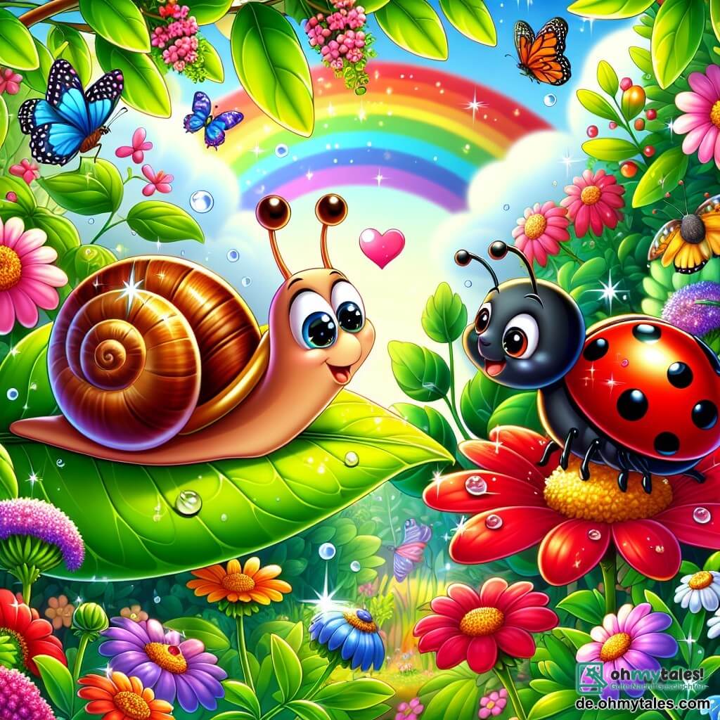 Eine Illustration eines verzauberten Gartens, gefüllt mit bunten Blumen und üppigem Grün. In der Mitte erscheint eine kleine Schnecke mit einer glänzenden Spiralschale und neugierigen Augen aus ihrem Unterschlupf und blickt fasziniert auf einen Lichtstrahl, der von einem Tautropfen auf einem Blatt ausgeht. Neben ihr fliegt ein fröhlicher Marienkäfer mit roten Flügeln, die mit schwarzen Punkten gesprenkelt sind, begeistert umher, seine kleinen Antennen vibrieren vor Aufregung. Gemeinsam erkunden sie diese magische Welt, bereit für ein spannendes Abenteuer. Im Hintergrund tanzen bunte Schmetterlinge in der Luft und ein schimmernder Regenbogen erscheint über ihnen, was dieser lebhaften und freundschaftlichen Szene einen Hauch von Magie verleiht.
