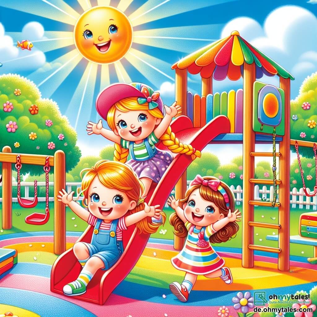 Eine Illustration zeigt einen großen, bunten Spielplatz im Hochsommer, mit einem strahlend blauen Himmel und einer leuchtenden Sonne. In der Mitte steht eine große Holzspielstruktur mit einer roten Rutsche und Schaukeln. Im Vordergrund sind drei Mädchen, etwa 8 Jahre alt. Eines von ihnen, mit blonden Zöpfen, rutscht mit einem breiten Lächeln die Rutsche hinunter. Eine andere, mit lockigem braunem Haar, wartet mit erhobenen Armen auf ihren Turn. Das dritte Mädchen, mit kastanienbraunem Haar und einer Mütze, sitzt fröhlich auf einer Schaukel. Im Hintergrund ergänzen grüne Bäume und bunte Blumen die sommerliche Szene. Lachen und Freude liegen in der Luft, und Sonnen- und Wolkenskizzen sind auf dem Boden sichtbar. Die Atmosphäre ist festlich und freundlich, fängt den Geist der Sommerferien und die Freundschaft zwischen den Mädchen ein.