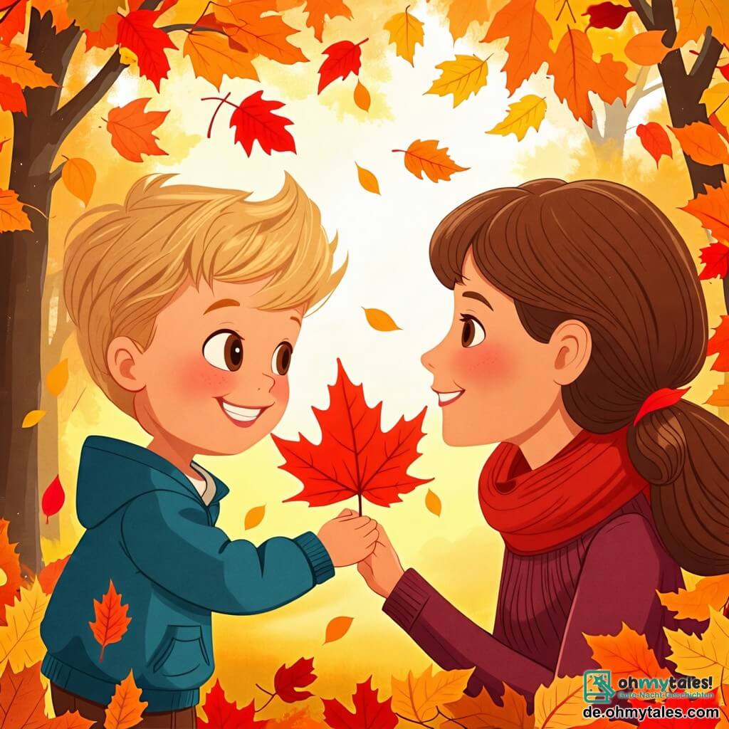 Une illustration sous forme de dessin destinée aux enfants représentant un parc d'automne aux feuilles colorées, avec un petit garçon de 2 ans aux cheveux blonds et aux yeux pétillants, qui sourit en tenant un grand feuillage rouge dans ses petites mains, tandis qu'une maman bienveillante aux cheveux châtains et au sourire chaleureux l'encourage à admirer la beauté des arbres, le tout baigné dans une lumière douce et dorée, évoquant la magie de la saison.