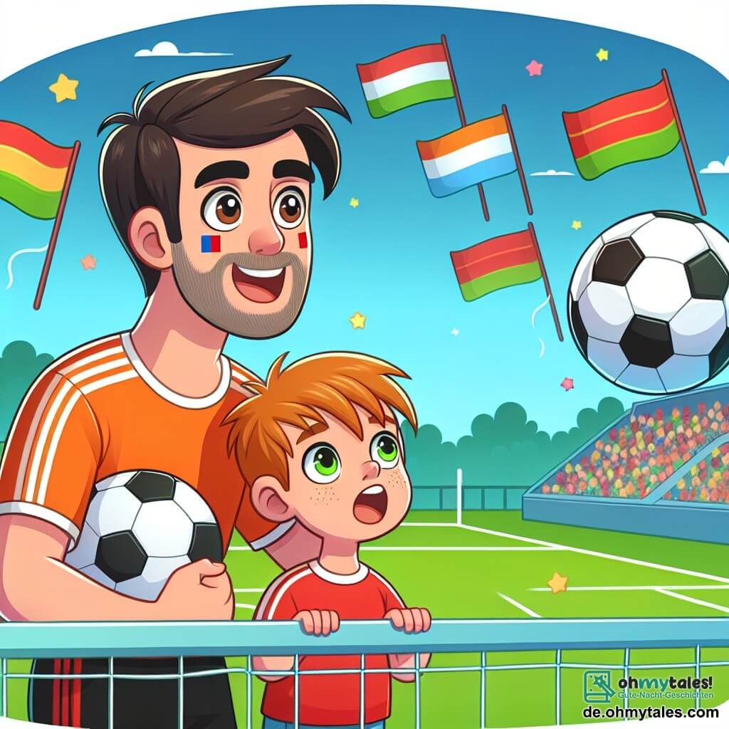 Une illustration destinée aux enfants représentant un joueur de football masculin passionné, accompagné de son fils, un garçon curieux aux yeux brillants, regardant avec admiration un terrain de football verdoyant entouré de gradins colorés et de drapeaux flottants.