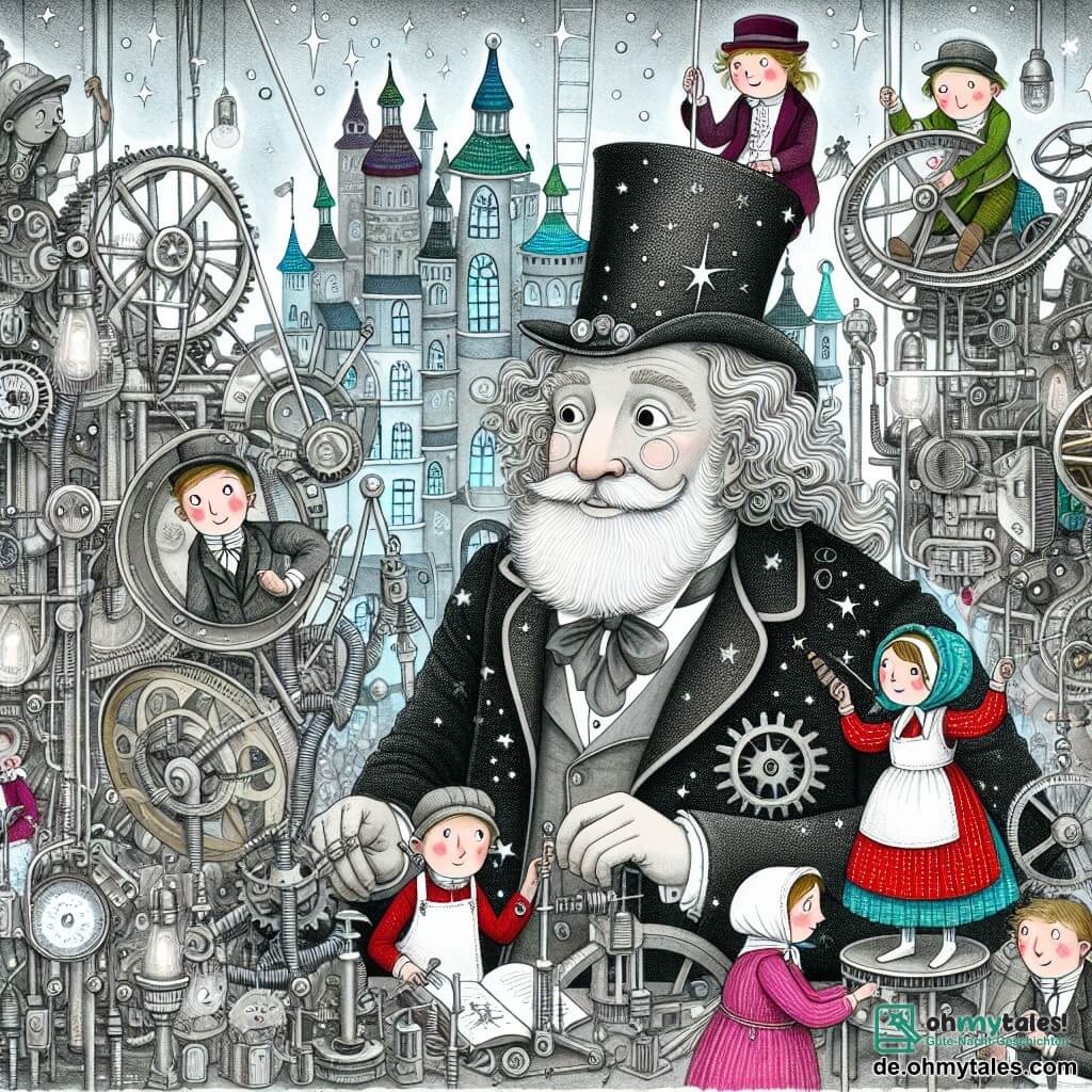 Une illustration destinée aux enfants représentant un inventeur excentrique, entouré de ses amis curieux, travaillant dans une mystérieuse et étincelante ville de Wunderburg remplie de machines magiques.