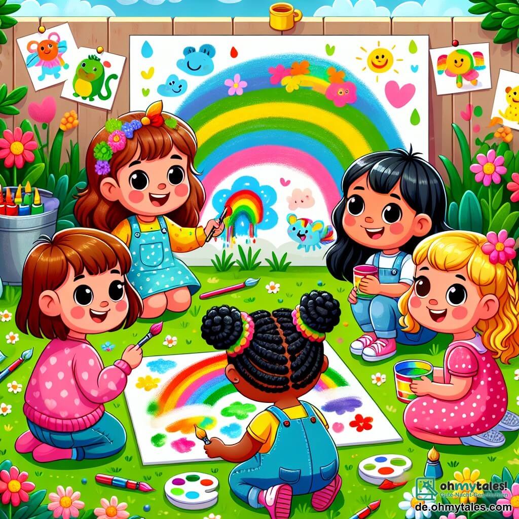 Illustration eines bunten Ecken eines Kindergartens. Der Boden ist mit leuchtend grünen Rasenteppichen bedeckt, und rundherum wachsen bunte Blumen. Im Hintergrund sieht man eine große Wand, die mit Kinderzeichnungen, Regenbögen und fröhlichen Tieren dekoriert ist. Im Mittelpunkt des Bildes versammeln sich vier Mädchen von etwa fünf Jahren um ein großes Blatt Papier. Eines von ihnen, mit langen braunen Haaren und einem rosa Kleid, hält einen Pinsel und lächelt, während sie das Bild betrachtet. Neben ihr mischt ein kleines Mädchen mit lockigem, blondem Haar in einem blauen Overall Farben auf einer Palette. Ein weiteres Mädchen mit geflochtenen schwarzen Haaren und einem gelben T-Shirt zeigt stolz einen Regenbogen, den sie gerade gemalt hat. Schließlich hebt das vierte Mädchen mit roten Haaren und einem gepunkteten Kleid begeistert die Arme in die Luft. Die Szene strahlt eine fröhliche und kreative Atmosphäre aus und zeigt den Moment, in dem die Freundinnen zusammenarbeiten, um ein wunderschönes Bild zu schaffen. Bunte Pinsel und Farbtopf sind um sie herum verstreut, und ein großer bunter Regenbogen ist bereits auf ihrem Bild sichtbar. Der Himmel ist blau mit ein paar weißen Wolken, was zur fröhlichen Stimmung dieses Malertages beiträgt.