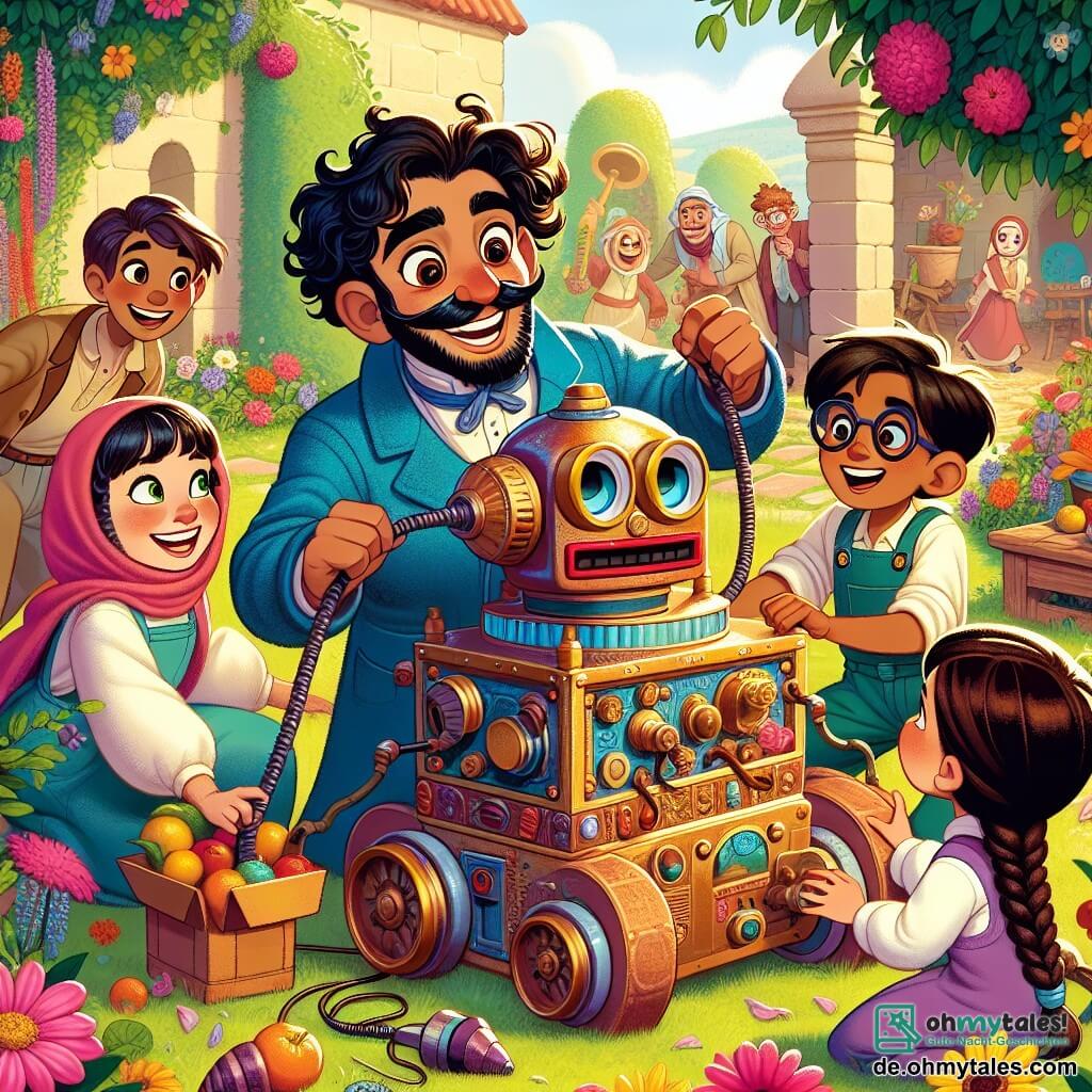 Une illustration sous forme de dessin destinée aux enfants représentant un jardin coloré et ensoleillé, rempli de machines étranges et de fleurs éclatantes, où un homme aux cheveux ébouriffés et à la moustache souriante, vêtu d'une blouse de travail bleue, est en train de bricoler avec enthousiasme un robot rigolo qui a un ancien aspirateur pour tête, tandis qu'un groupe de trois enfants, deux filles aux cheveux tressés et un garçon aux lunettes, les yeux brillants d'excitation, l'observent attentivement et l'aident à assembler une grande boîte colorée pleine de fruits pour nourrir les animaux du zoo, illustrant ainsi l'esprit d'invention et de camaraderie.