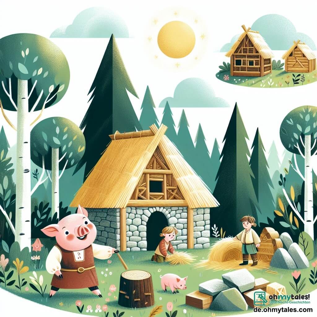 Une illustration destinée aux enfants représentant une jeune cochonne courageuse, accompagnée de ses deux frères, construisant des maisons en matériaux différents (paille, bois, pierre) dans une clairière ensoleillée et verdoyante, située au cœur d'une forêt mystérieuse et accueillante.