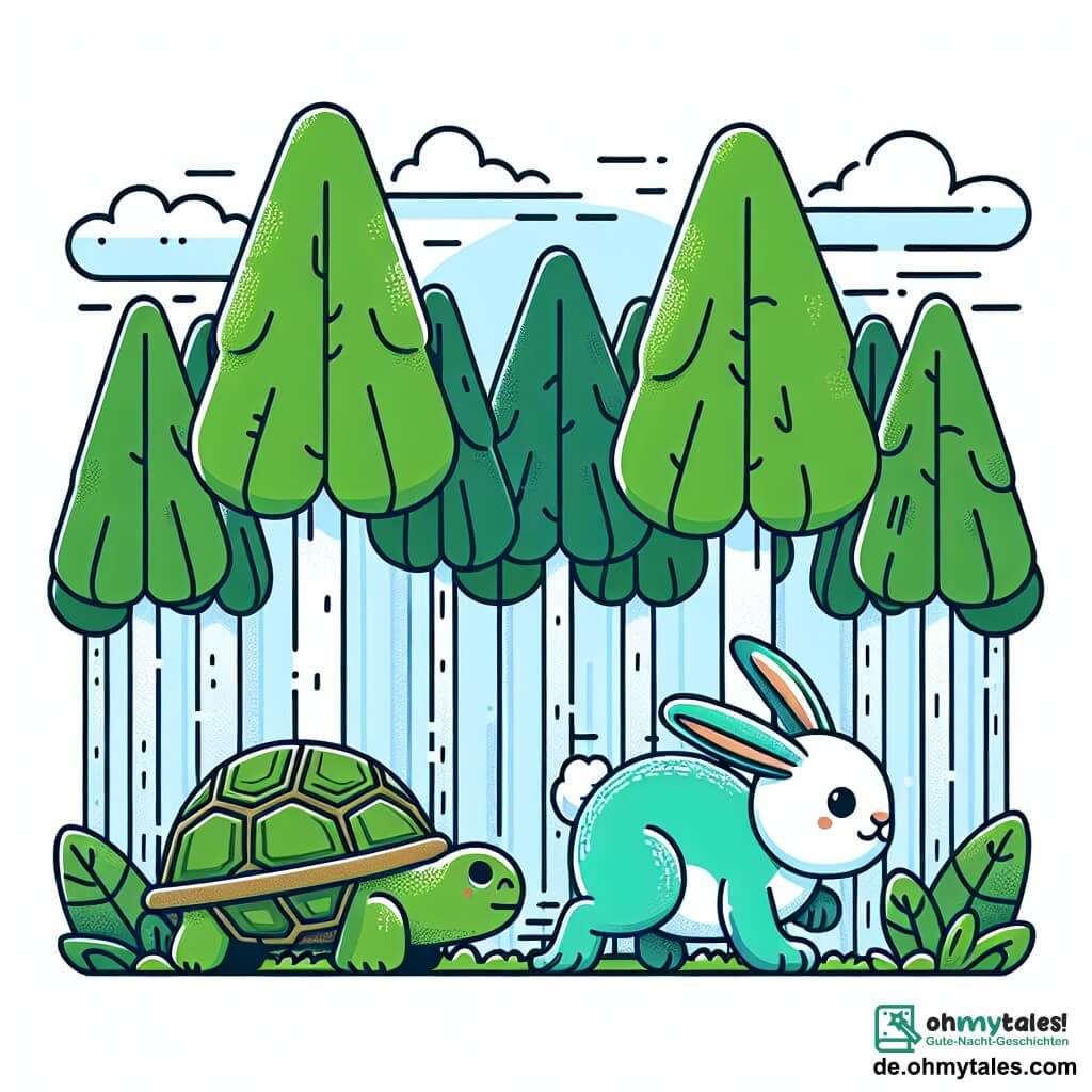 Une illustration destinée aux enfants représentant une tortue sage et patiente, un lapin rapide et vantard, dans un luxuriant et verdoyant bois de grands arbres touchant le ciel.