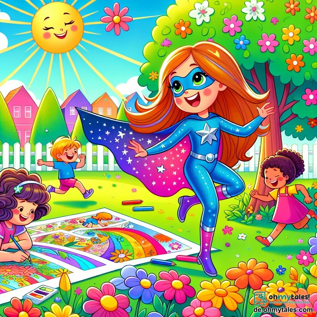 Une illustration sous forme de dessin destinée aux enfants représentant un parc ensoleillé, rempli de fleurs colorées et d'un grand arbre au feuillage éclatant, avec une super-héroïne aux longs cheveux brillants et aux yeux scintillants, vêtue d'un costume bleu orné d'étoiles argentées, qui sourit joyeusement tout en entraînant un groupe d'enfants : une fille aux cheveux bouclés et à la robe rose racontant une histoire captivante, un garçon aux cheveux courts courant avec énergie, et une autre fille dessinant des images colorées sur un grand papier, tous unis dans une ambiance de camaraderie et d'aventure, prêts à découvrir leurs pouvoirs spéciaux ensemble.